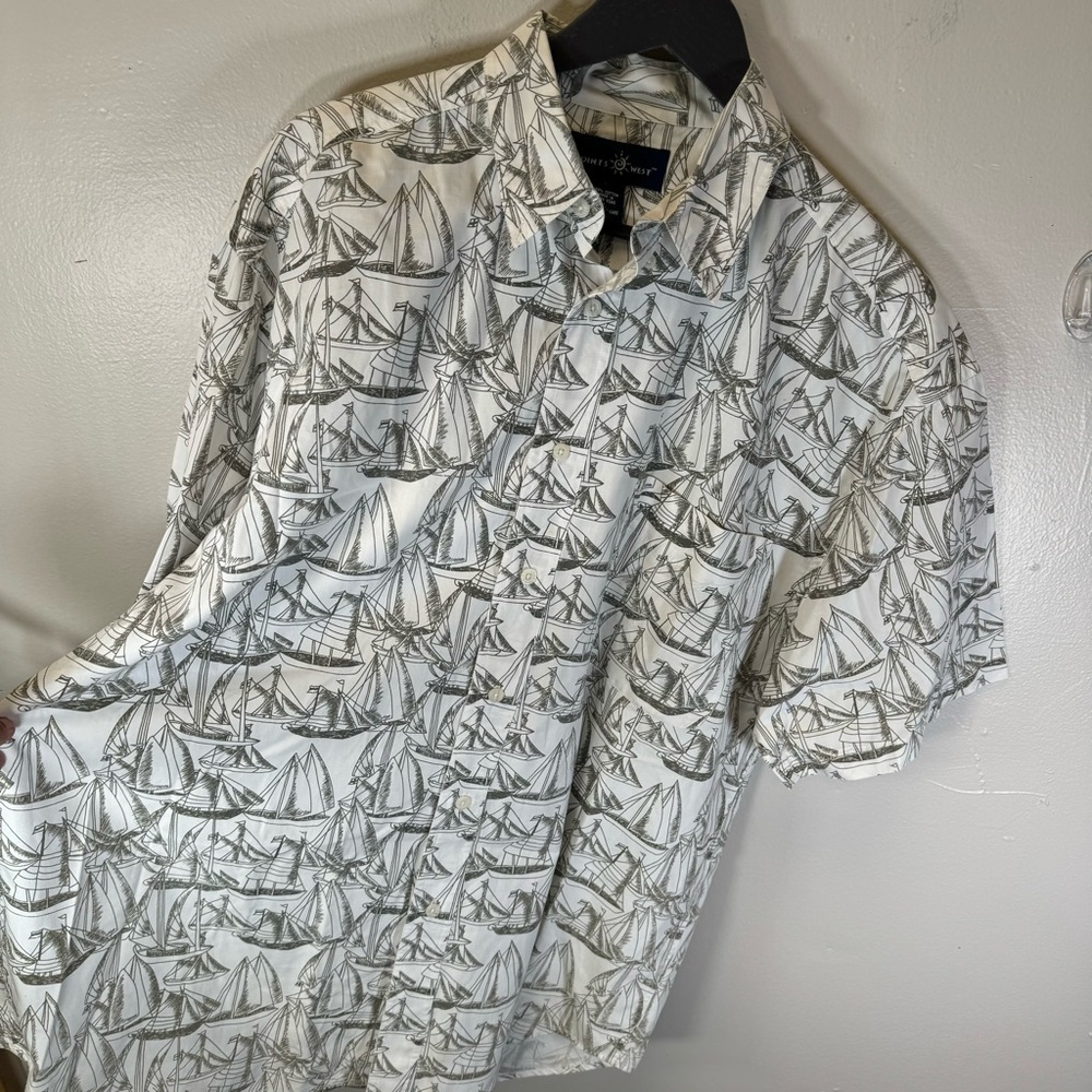 vintage men sailboat print buttondown shirt white gray nautical 100%cotton large - Picture 6 of 13
